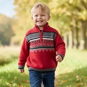 Calvin Klein Jeans Red Gray Striped Quarter-zip Pullover Knit Sweater size 4